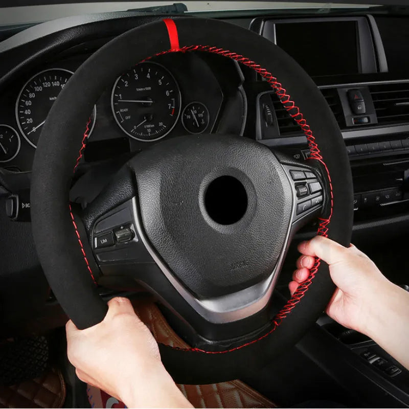 Black wool microfiber steering wheel cover with suede material on car steering wheel