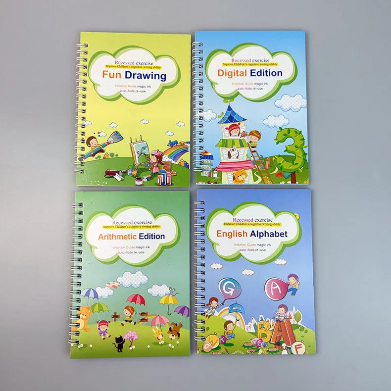 Magic Stylus Clean copybook set showing four handwriting practice books with pen