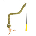 Green 140 cm cat teasing stick with colourful feather attachments for interactive feline play
