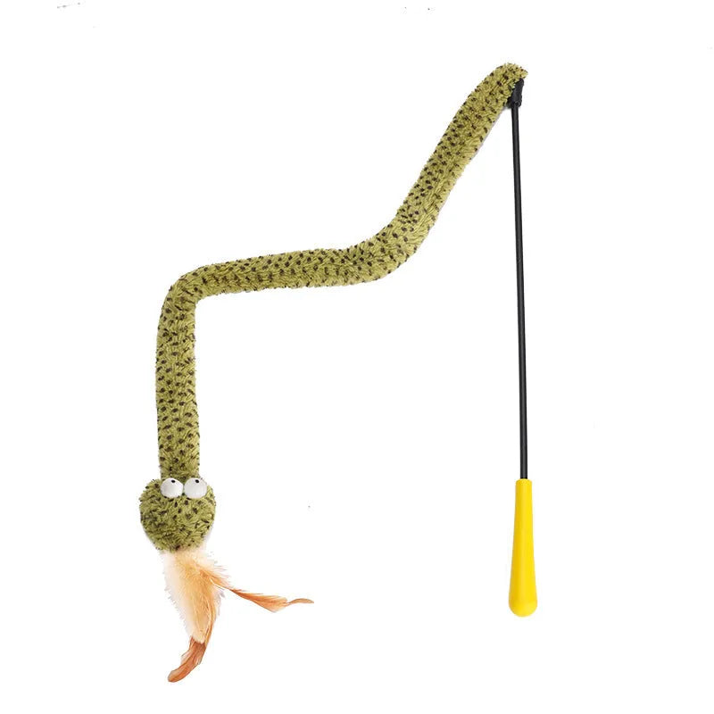 Green 140 cm cat teasing stick with colourful feather attachments for interactive feline play