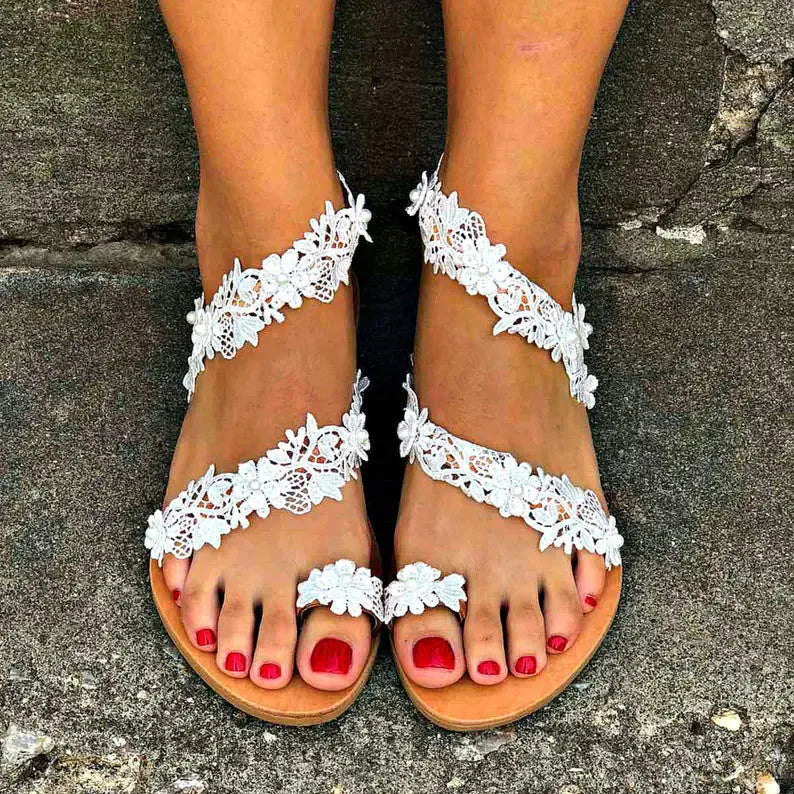 White women's casual sandals with rhinestone flower decoration and backless slip-on design