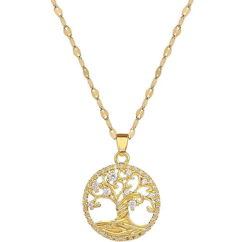 Gold-plated cross necklace with mother pearl pendant and full rhinestone detailing on adjustable stainless steel chain
