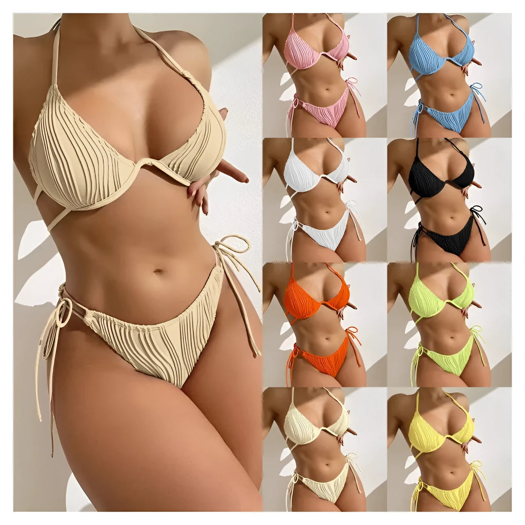 Women's apricot coloured bikini swimsuit with internal steel bracket support.