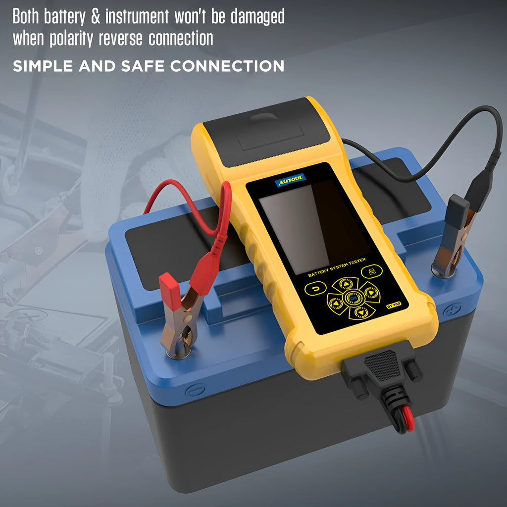 Autool BT760 colour screen automotive battery tester with clip leads and printed diagnostic receipt.