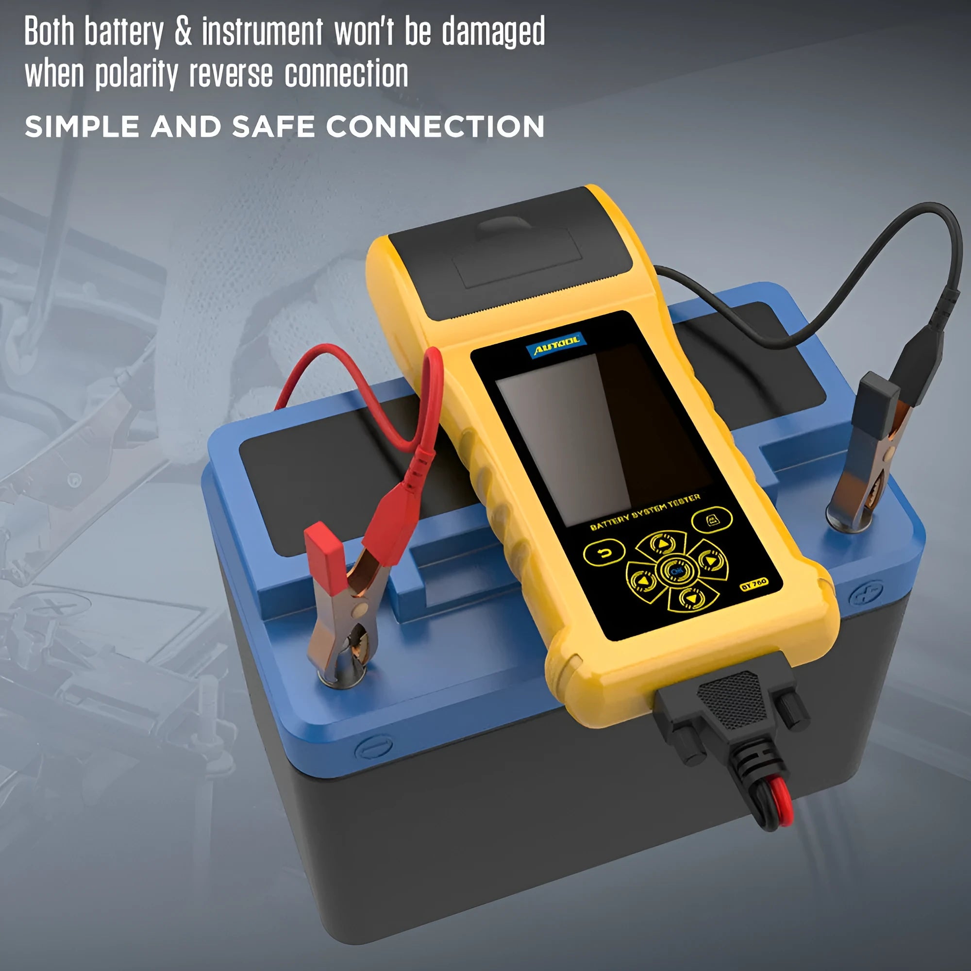 Autool BT760 colour screen automotive battery tester with clip leads and printed diagnostic receipt.