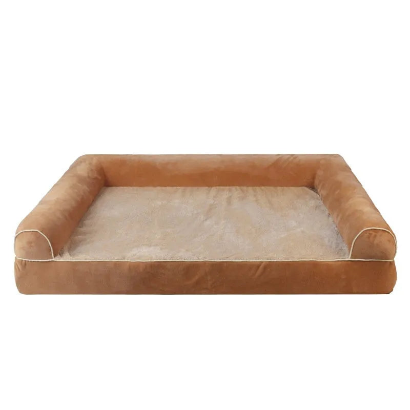 A square cloth-covered dog bed with sponge filling, shown in a blue colour.