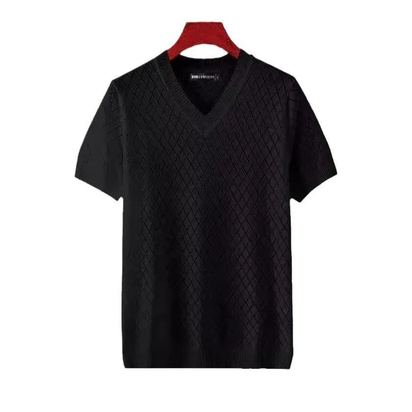 Men's ice silk T-shirt on a hanger, showing both V-neck and round neck options in black and white.