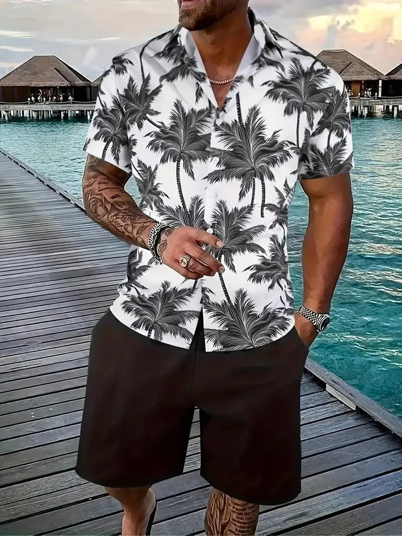 Men's Hawaiian print 3D short sleeve suit top and shorts set on a mannequin.