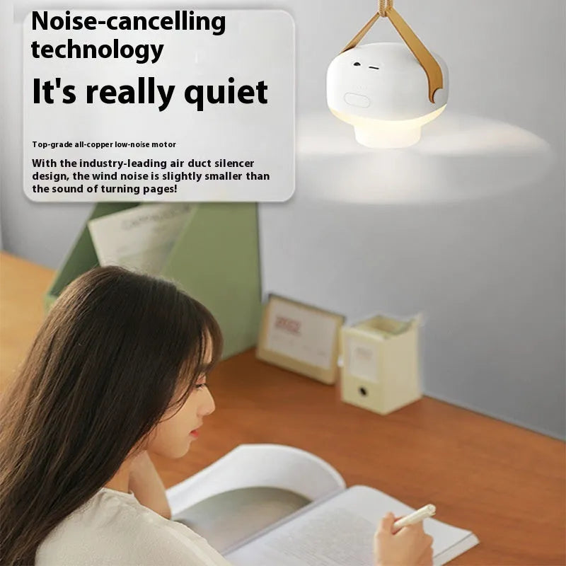 Rechargeable multifunctional ceiling fan with remote control for camping tents, includes night light and wire bracket.