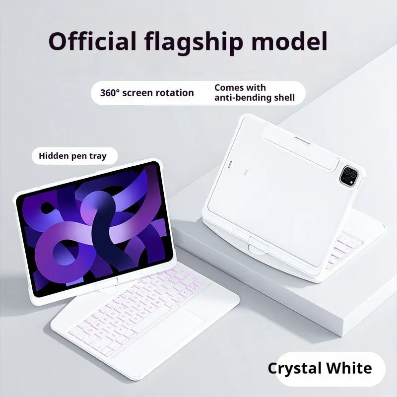 Transparent rotating keyboard integrated into a protective case for an Apple iPad tablet.