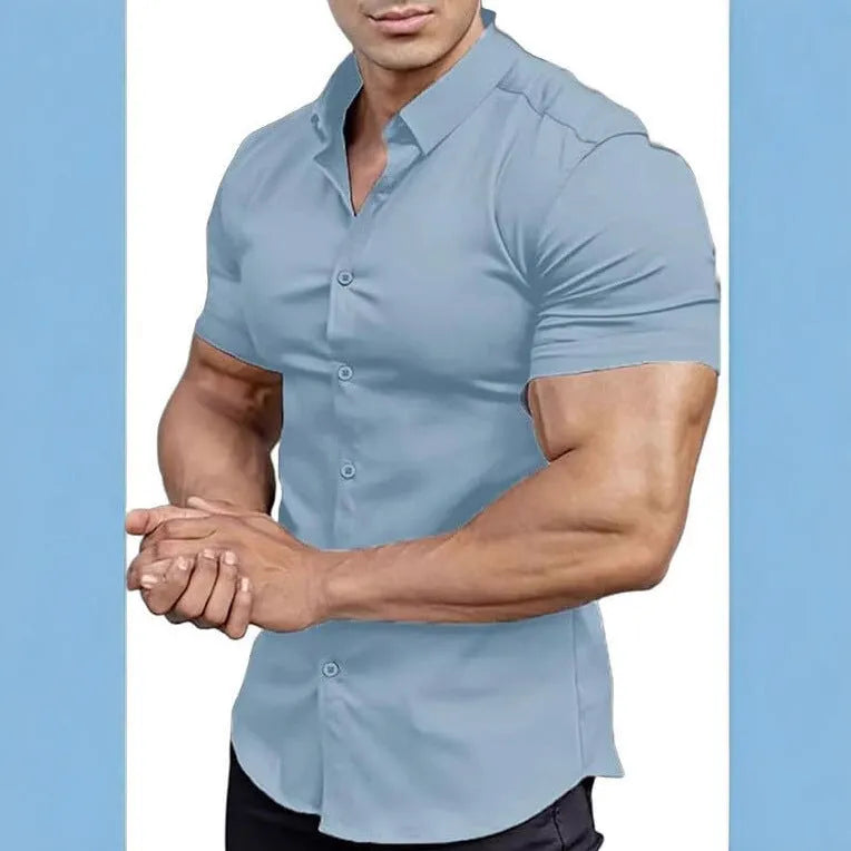 Men's casual short sleeve printed shirt cardigan in polyester, shown in brown colour.