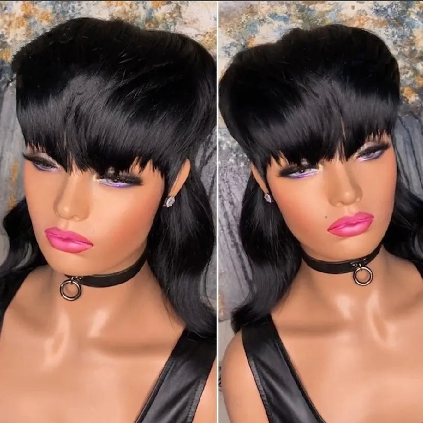 Black Brazilian wig with long hair, front bangs, and a short-back-long cut made from high-temperature fibre.