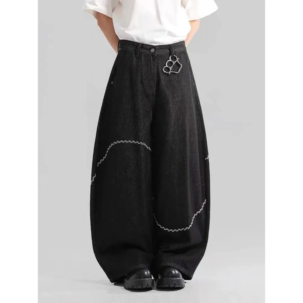 Black straight-leg polyester denim trousers with micro-elastic construction