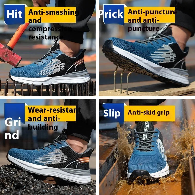 Blue men's lightweight safety work shoes with plastic toe caps and breathable mesh upper