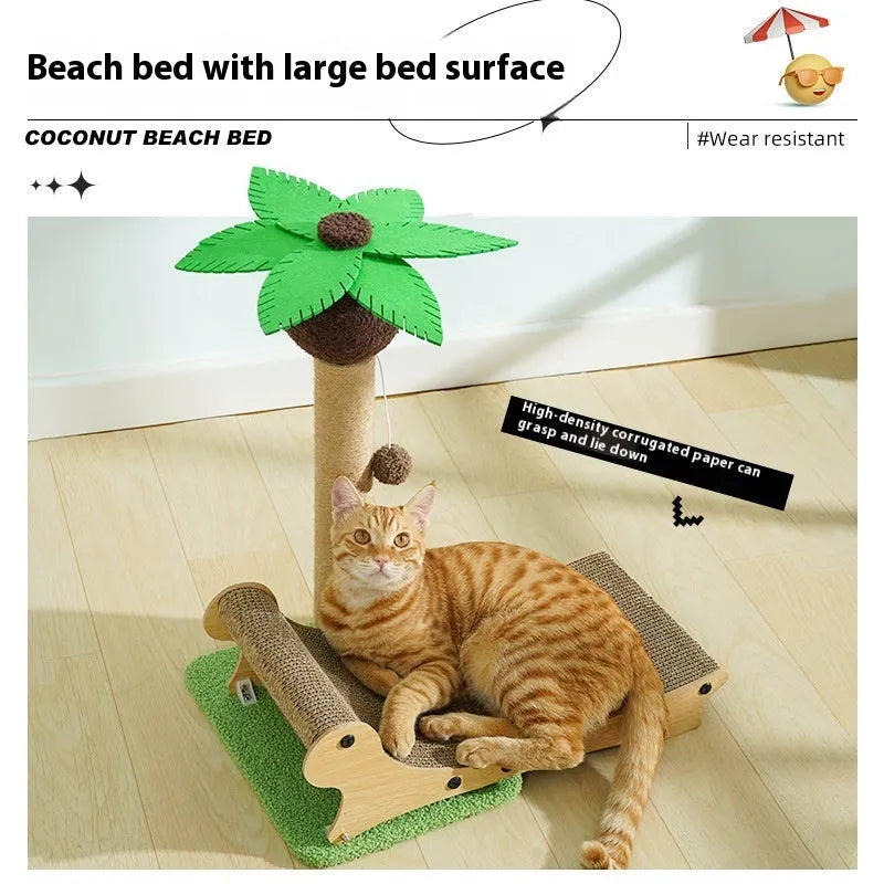 Wooden beach chair designed for cats, featuring a climbing frame, integrated scratch board, and hemp mat.