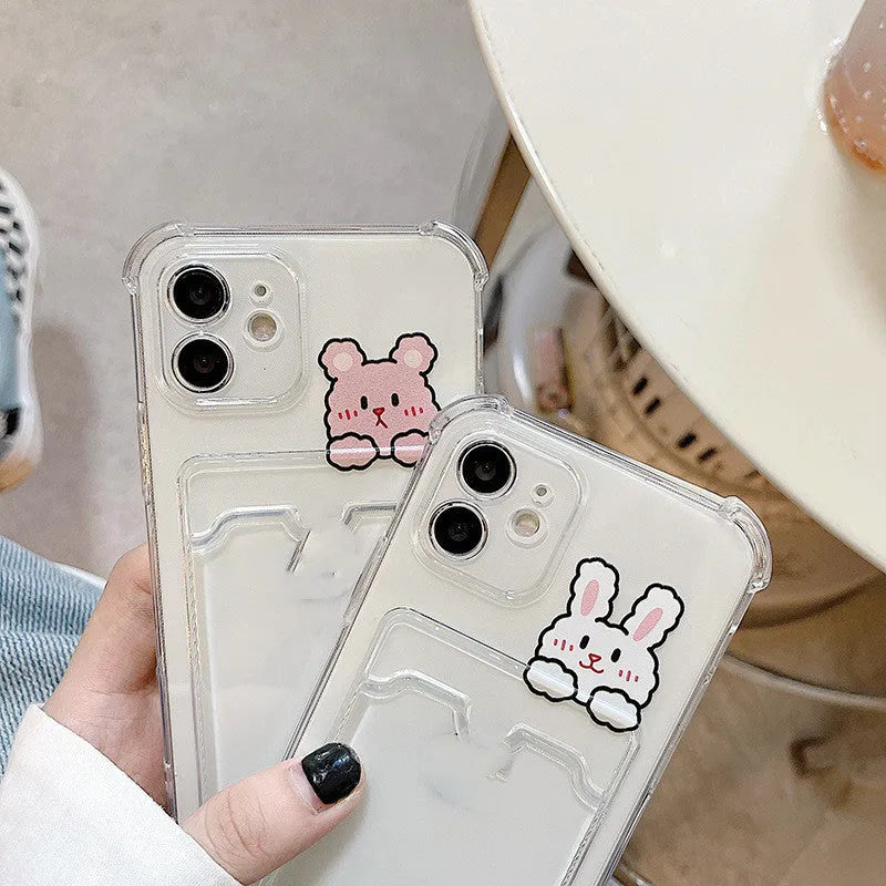 Cartoon design transparent iPhone case with a card slot on the back, compatible with multiple iPhone models.