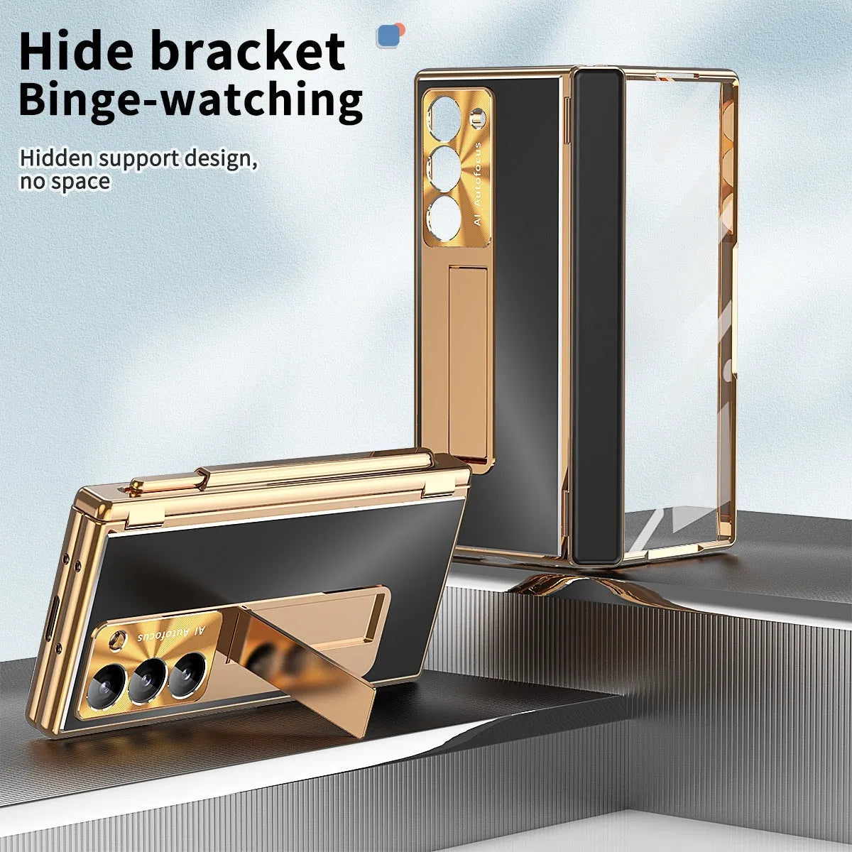 Aluminium alloy flip phone case for Samsung Z Fold 6 with magnetic closure and bracket, gold armour colour