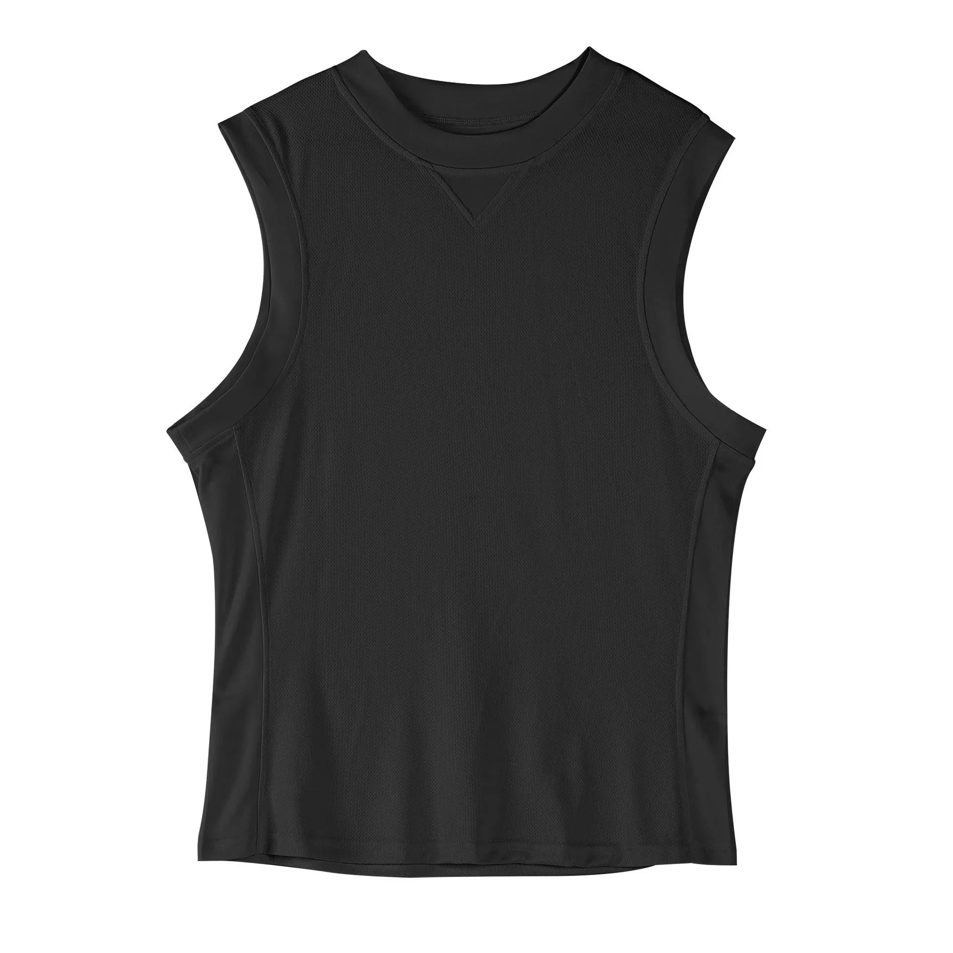Men's loose-fit polyester sports vest in white or black, showing quick-dry stretch fabric for summer workouts