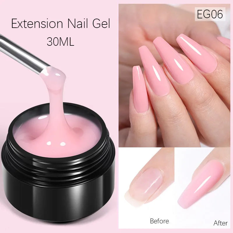 30ml no-wash UV nail extension gel in transparent and nude shades, colour codes EG01 to EG10
