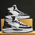 Men's black and white high-top platform board shoes with a round toe.