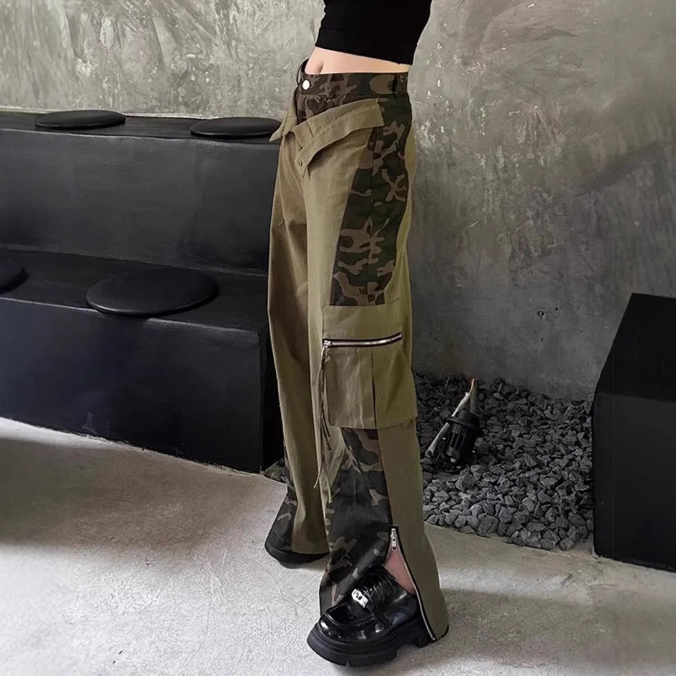 Dark khaki leopard print high waist jeans with straight legs and faux double stitching details