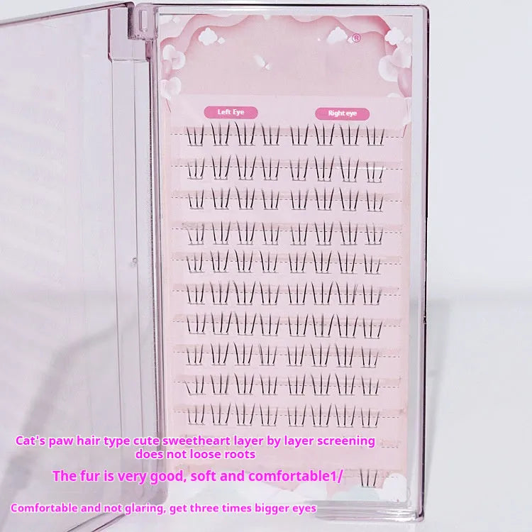 False eyelashes with 12 rows of 4-5-6mm long artificial fibre lashes in a segmented sheer root design.