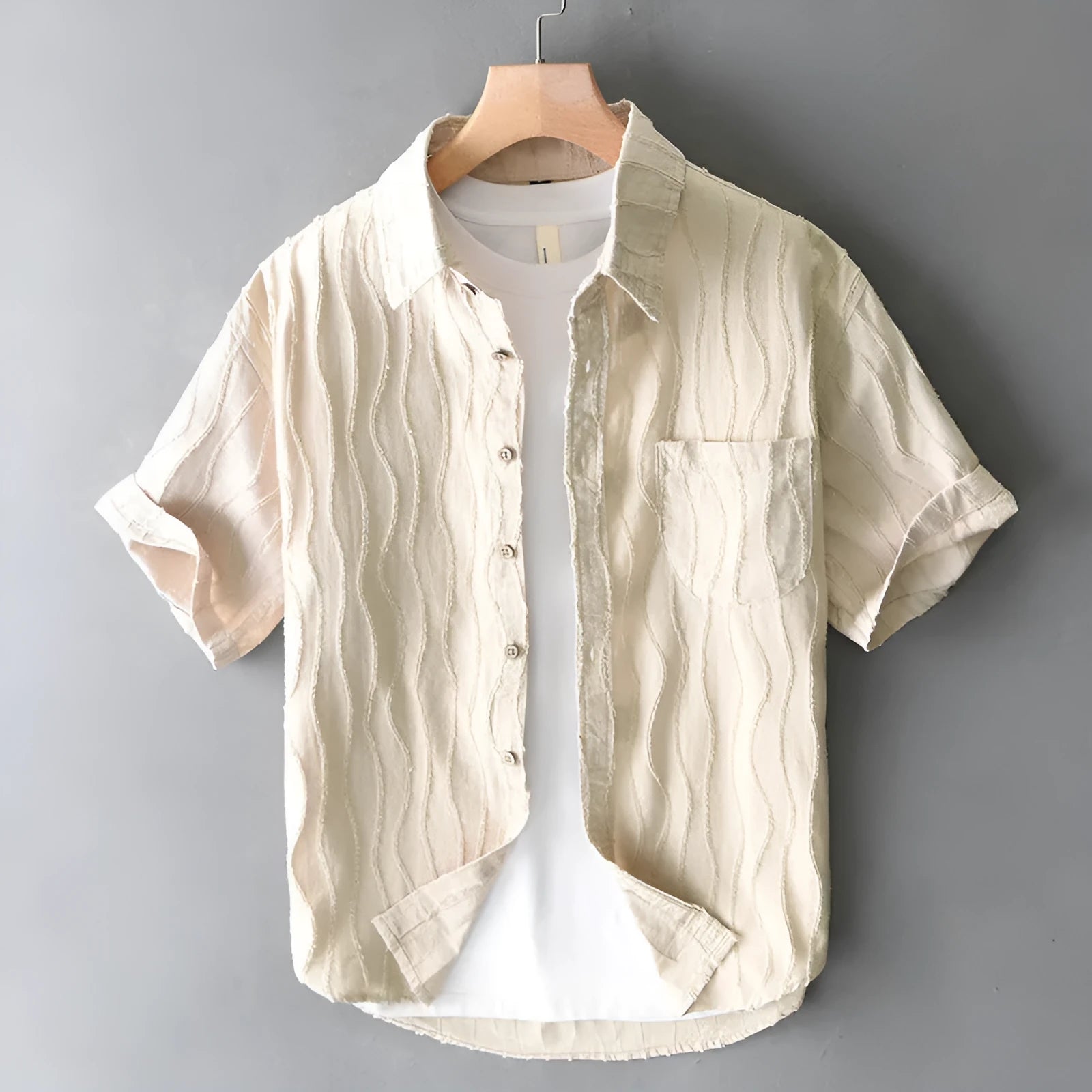 Men's apricot pure cotton short sleeve casual shirt with loose fit