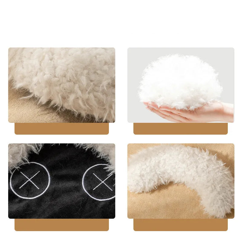 Round lamb fleece cat bed in winter warm plush design, machine washable, available in S M L