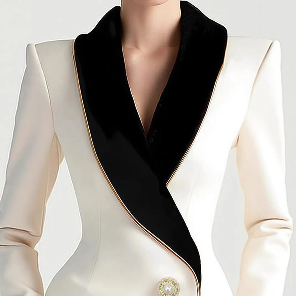 Women's beige irregular hem coat with golden pearl buttons, mid-length design