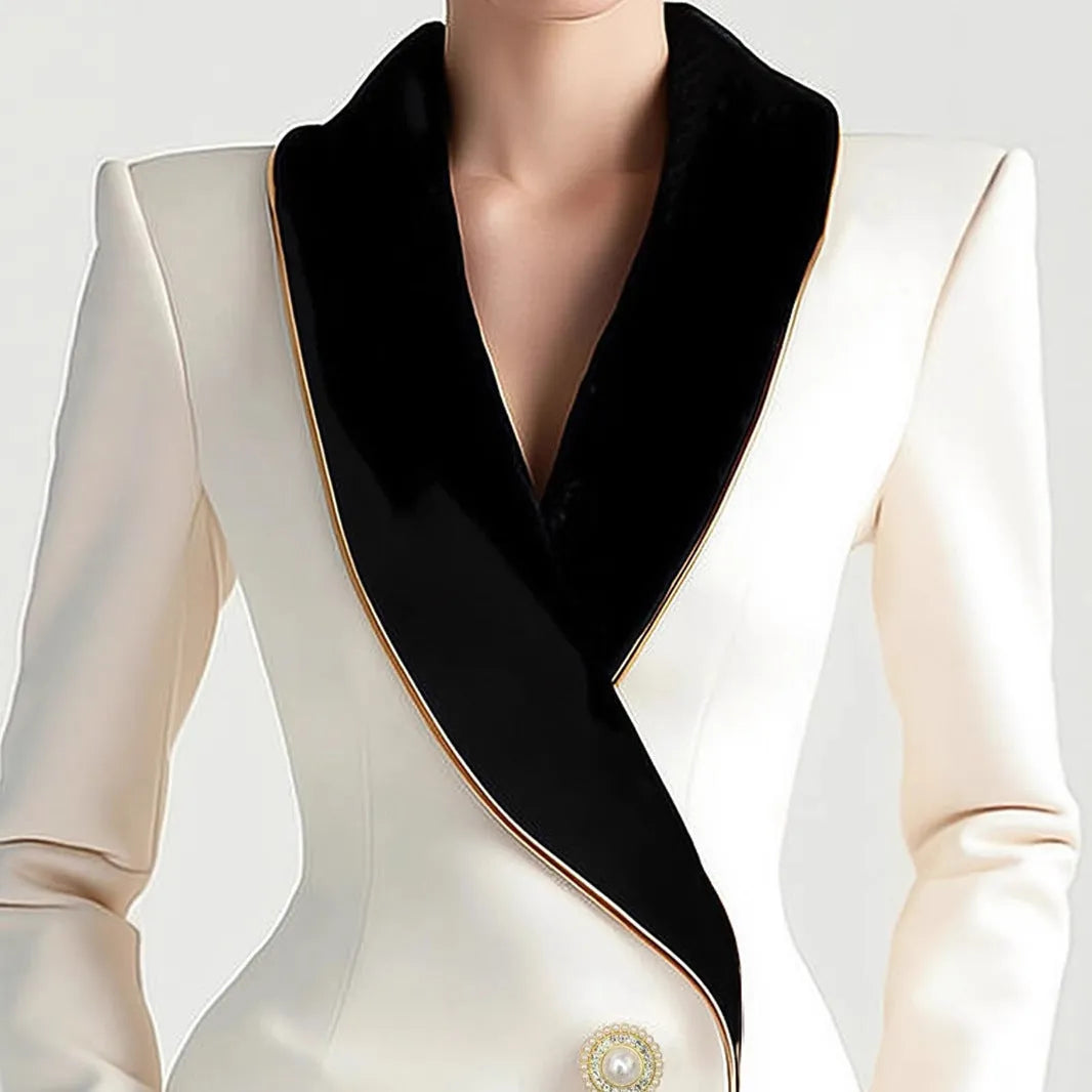 Women's beige irregular hem coat with golden pearl buttons, mid-length design