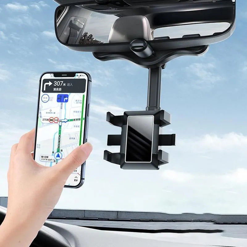 Black rearview mirror phone holder with 360° rotating head and retractable arm extended