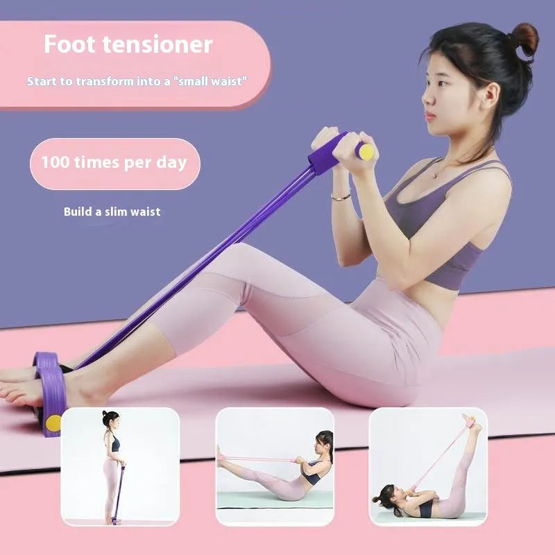 Yoga four piece fitness set showing leg beauty device, yoga ring, pedal tension device, and eight-figure tension rope.