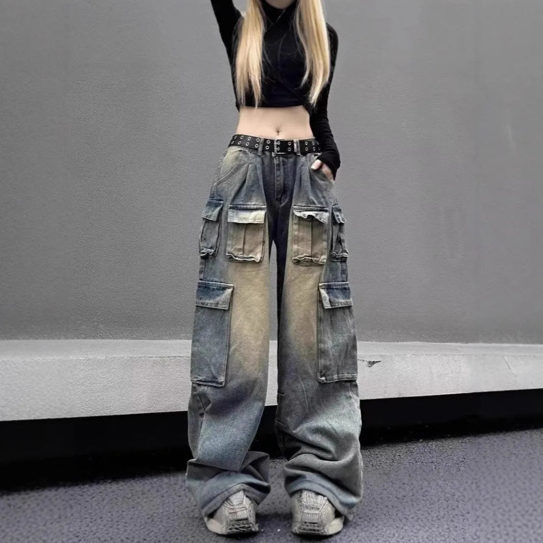 Light blue loose-fit denim jeans with multiple pockets and distressed finish