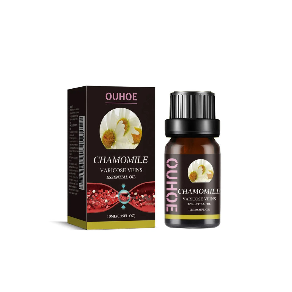 10ml bottle of chamomile essential oil for leg massage and skin care.