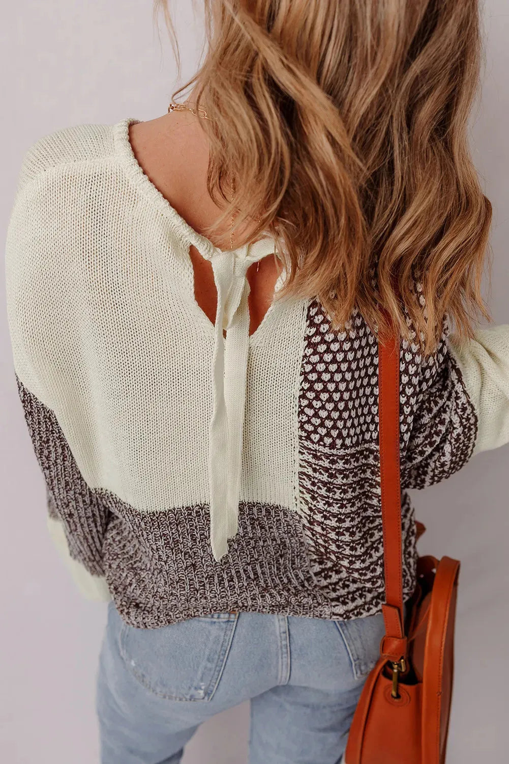 Dark khaki colour block drop shoulder loose sweater with long sleeves and a back tie detail