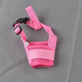 Adjustable plastic dog muzzle shown in multiple colours on a size chart from S to XXL.
