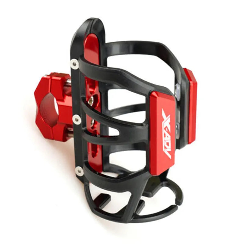 Modified black water bottle cage mounted on a Honda X-ADV scooter bumper