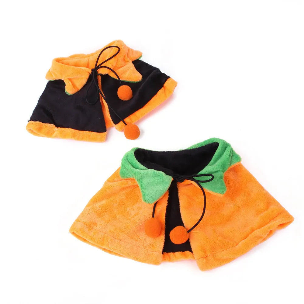 Orange plush Halloween pumpkin cloak for dog or cat costume on pet