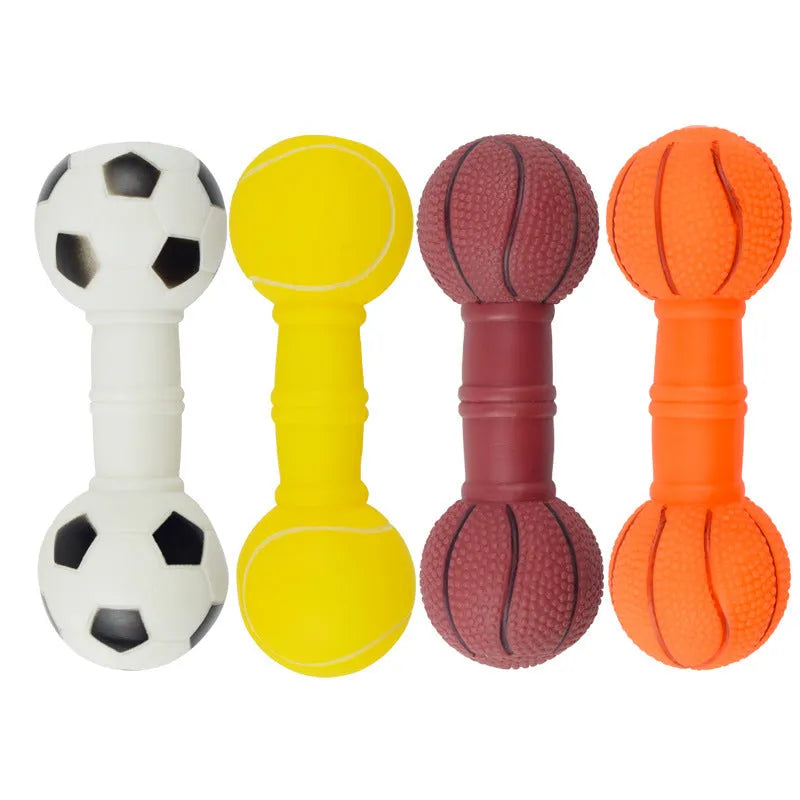 Brown, orange, white, and yellow PVC football dumbbell shaped dog squeaky toy on a white background.