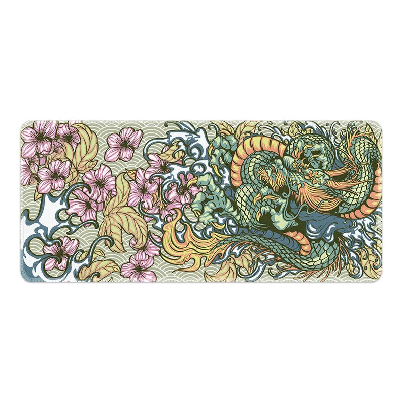 Cloth mouse pad with dragon pattern, showing non-slip base and available in multiple sizes.