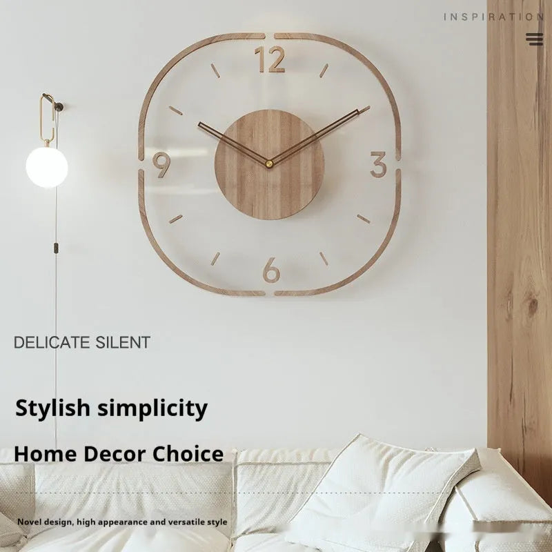 Square transparent wall clock with wooden frame showing visible quartz movement mechanism