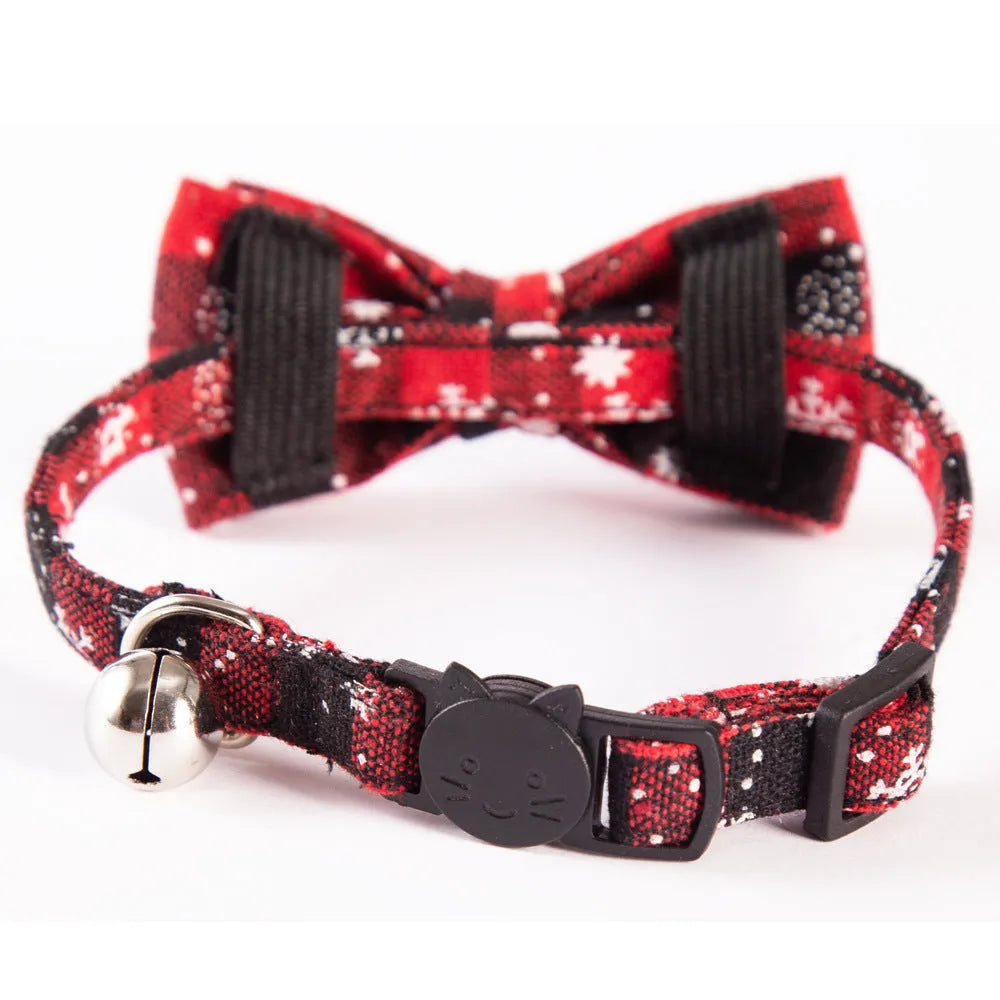 Red and green tartan pet collar with detachable bowtie, 30cm long, 1cm wide, for cats and dogs