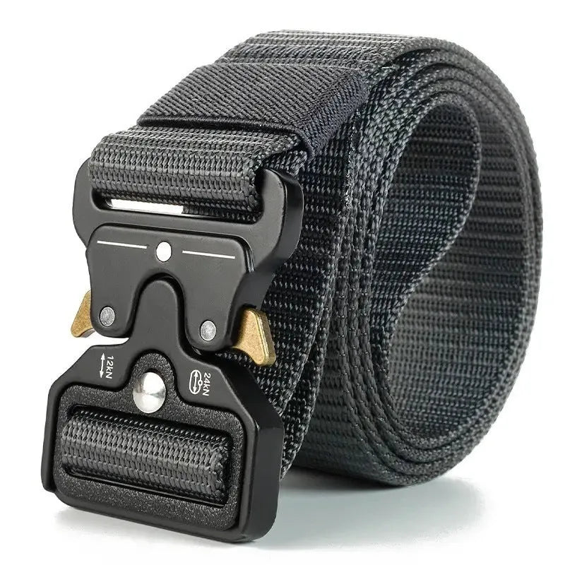 Men's canvas tactical belt in Army Green with an alloy release buckle, showing weave detail and length.