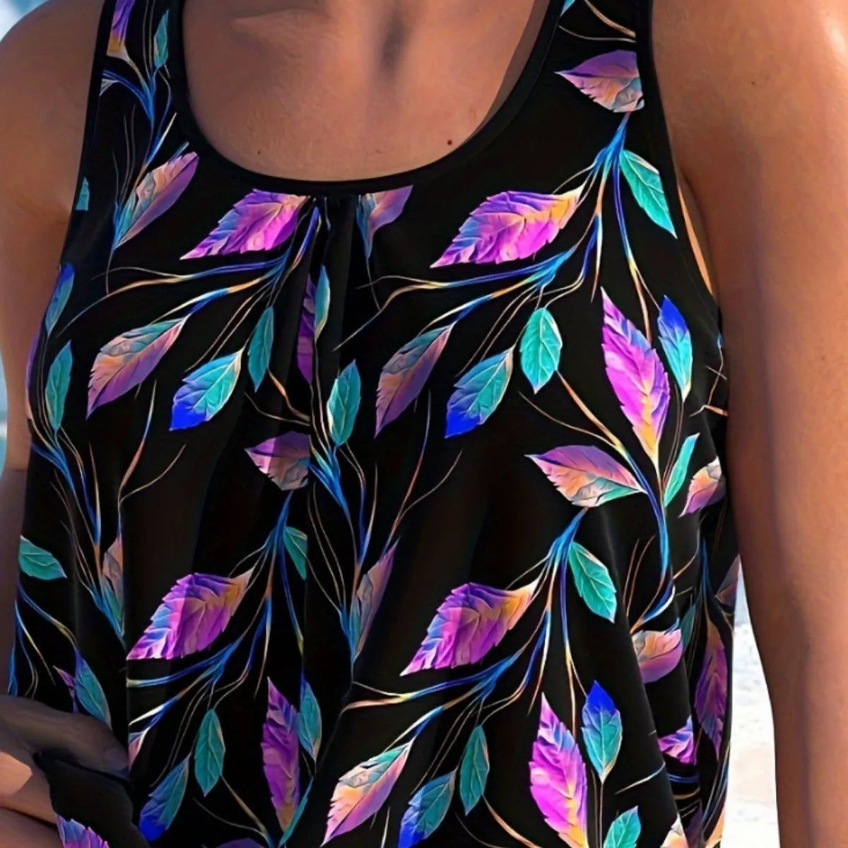 Women's split leaf swimsuit set with top and matching shorts in pure colour polyester fabric