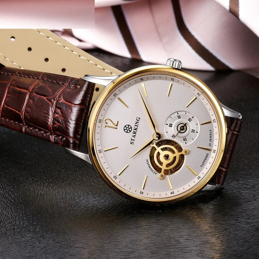 Men's automatic mechanical business watch with brown leather strap and stainless steel case