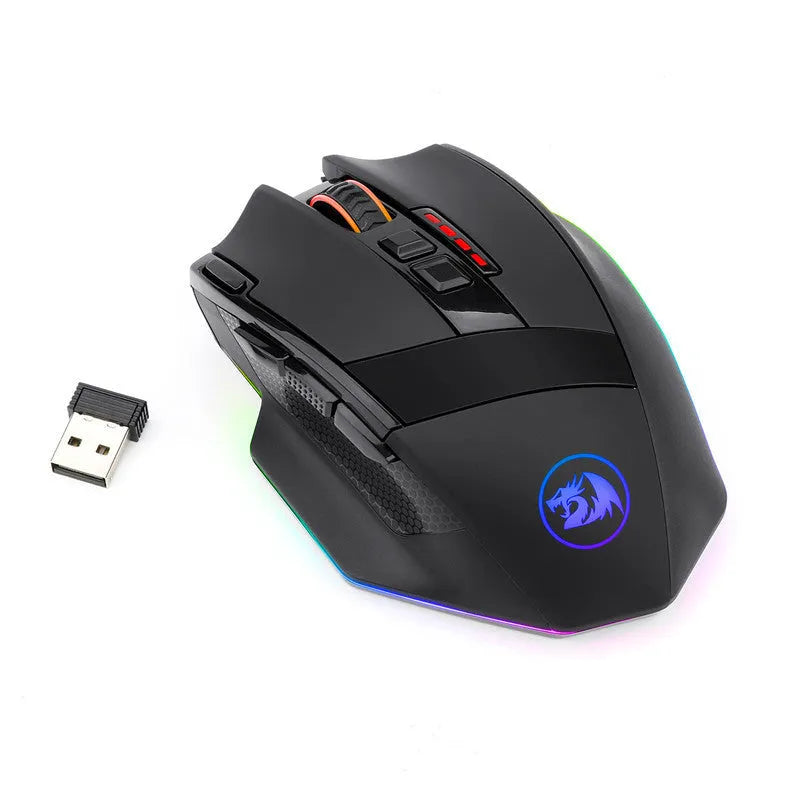 Redragon M801P black dual mode wireless gaming mouse with ergonomic design and 5600 DPI optical sensor