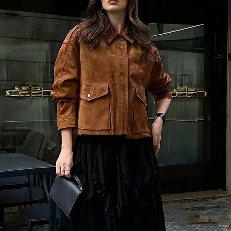 Women's brown suede coat with regular sleeves in street chic style