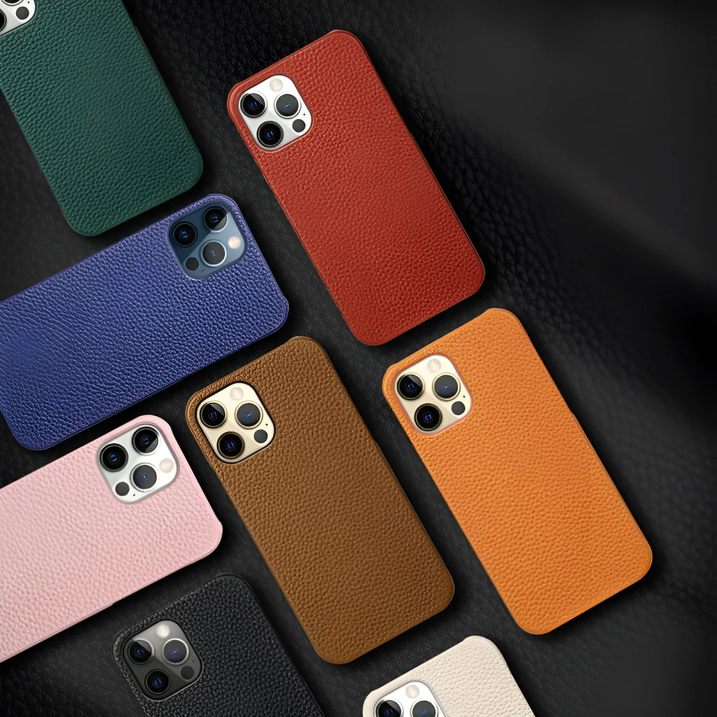 Genuine leather protective case for iPhone in simple half-break style on a table.