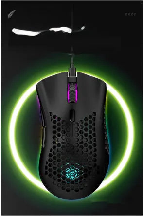Wireless computer mouse with hollow-out design and luminous elements beside USB receiver