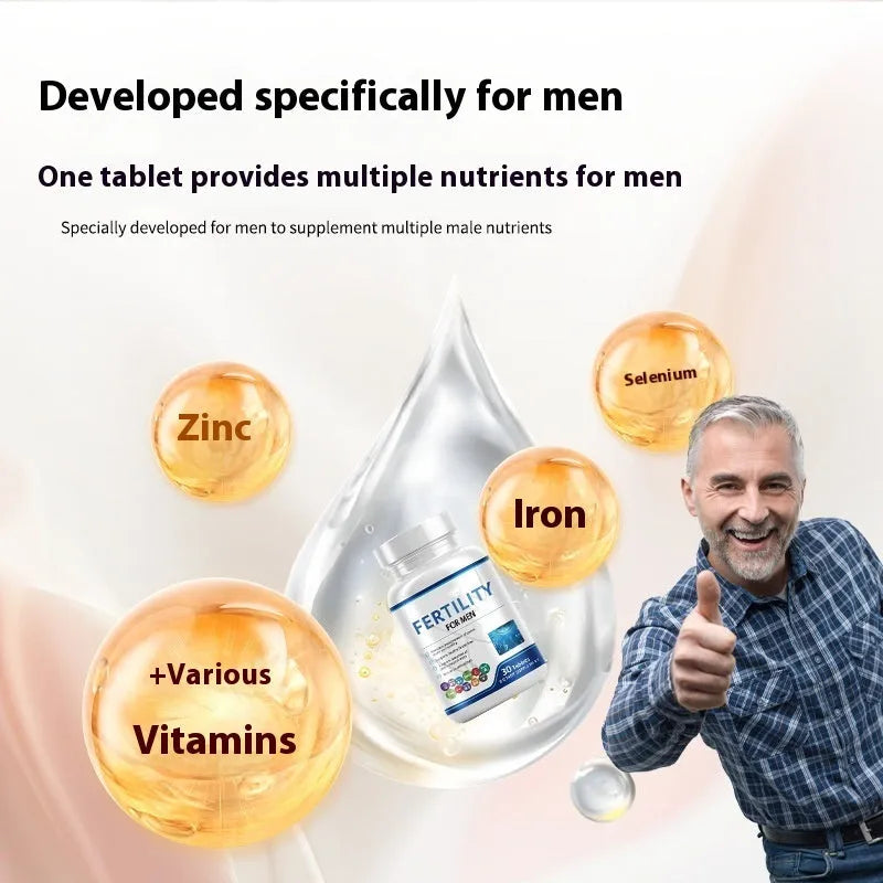 Sealed bottle of 60 male fertility tablets with COMLEX vitamin mineral amino acids label.